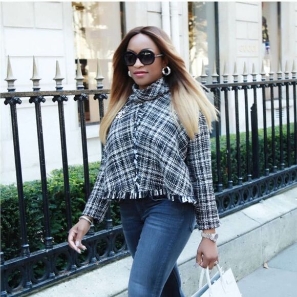 Zara EUC Tweed Mock Neck Sweater Top Fringe Details Black & White Size S - Picture 3 of 10